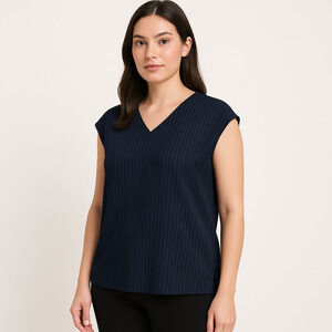 M.M. Laufleur Blouse‎ Cap Sleeve Navy Pinstripe Shirt V-Neck Size +2